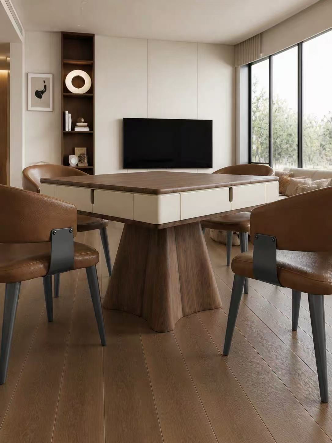 AURAJONG R4 automatic American Mahjong table with sculptural walnut pedestal, ivory body, and brown leather seating in a modern home