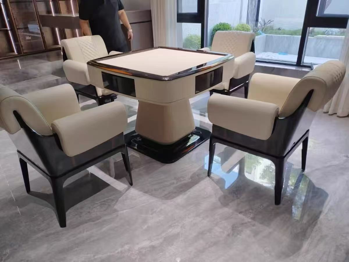 AURAJONG S3 automatic American Mahjong table with dining cover in a modern interior with four cream upholstered chairs