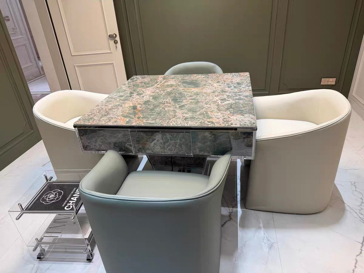 AURAJONG T1  automatic American Mahjong table in premium acrylic and sintered stone with sculptural white chairs in a luxury interior
