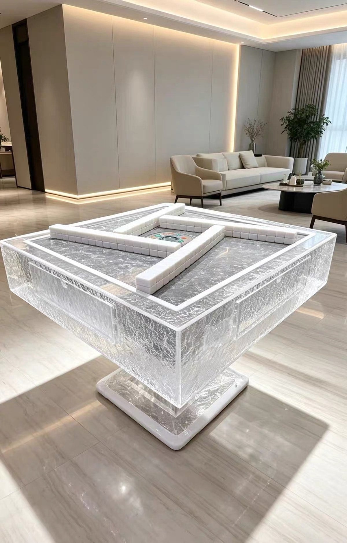 AURAJONG T2 acrylic automatic American Mahjong table in a luxury modern living room with white mahjong tiles arranged on the play surface