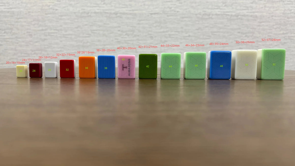 Common Mahjong tile sizes compared from 20 mm to 52 mm, showing the height, width, and thickness of each tile